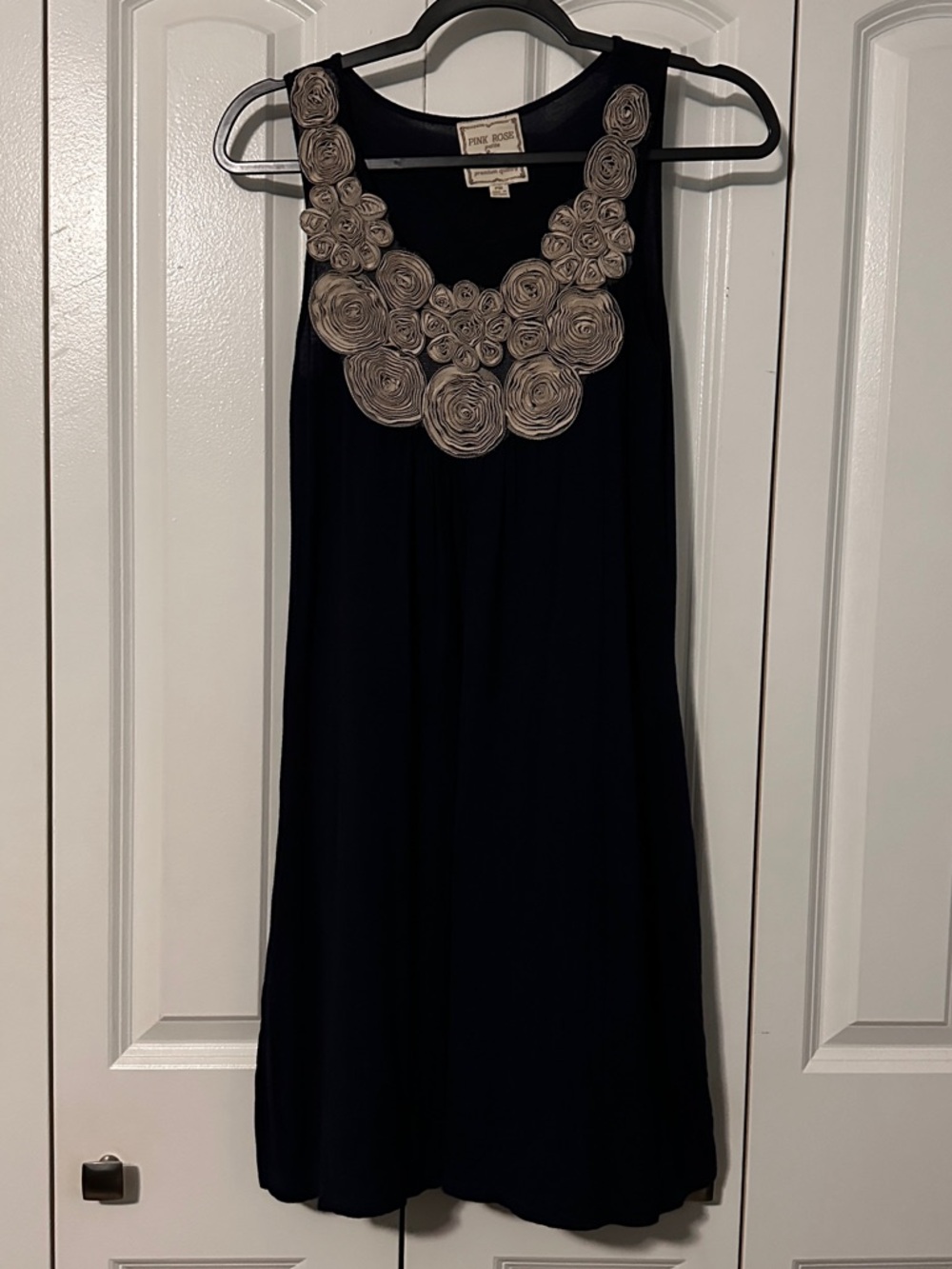 Pink Rose Navy Dress with Cream Rosette Neckline
